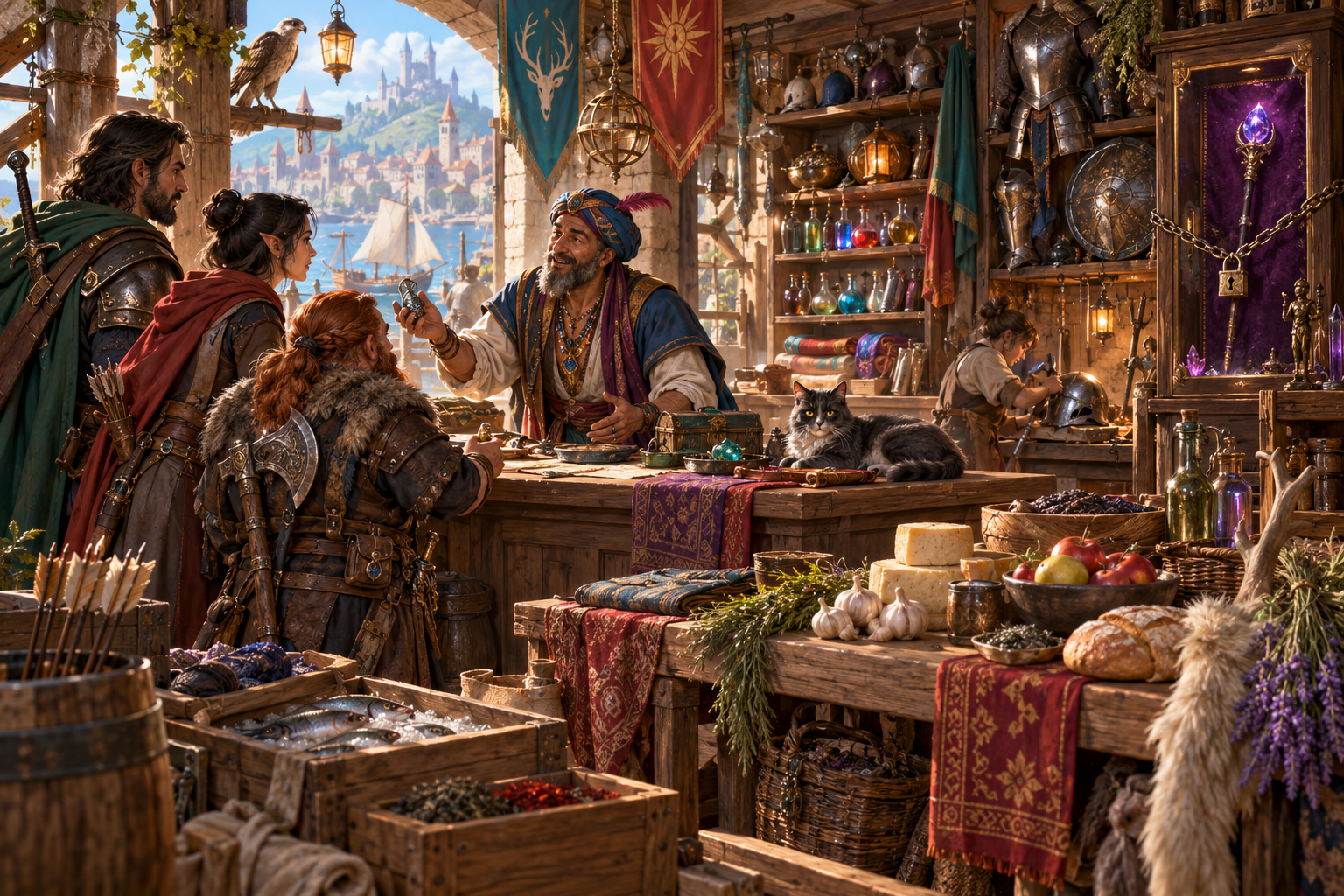 Illustration of a merchant presenting a pendant at a stocked counter beside a secured magical display