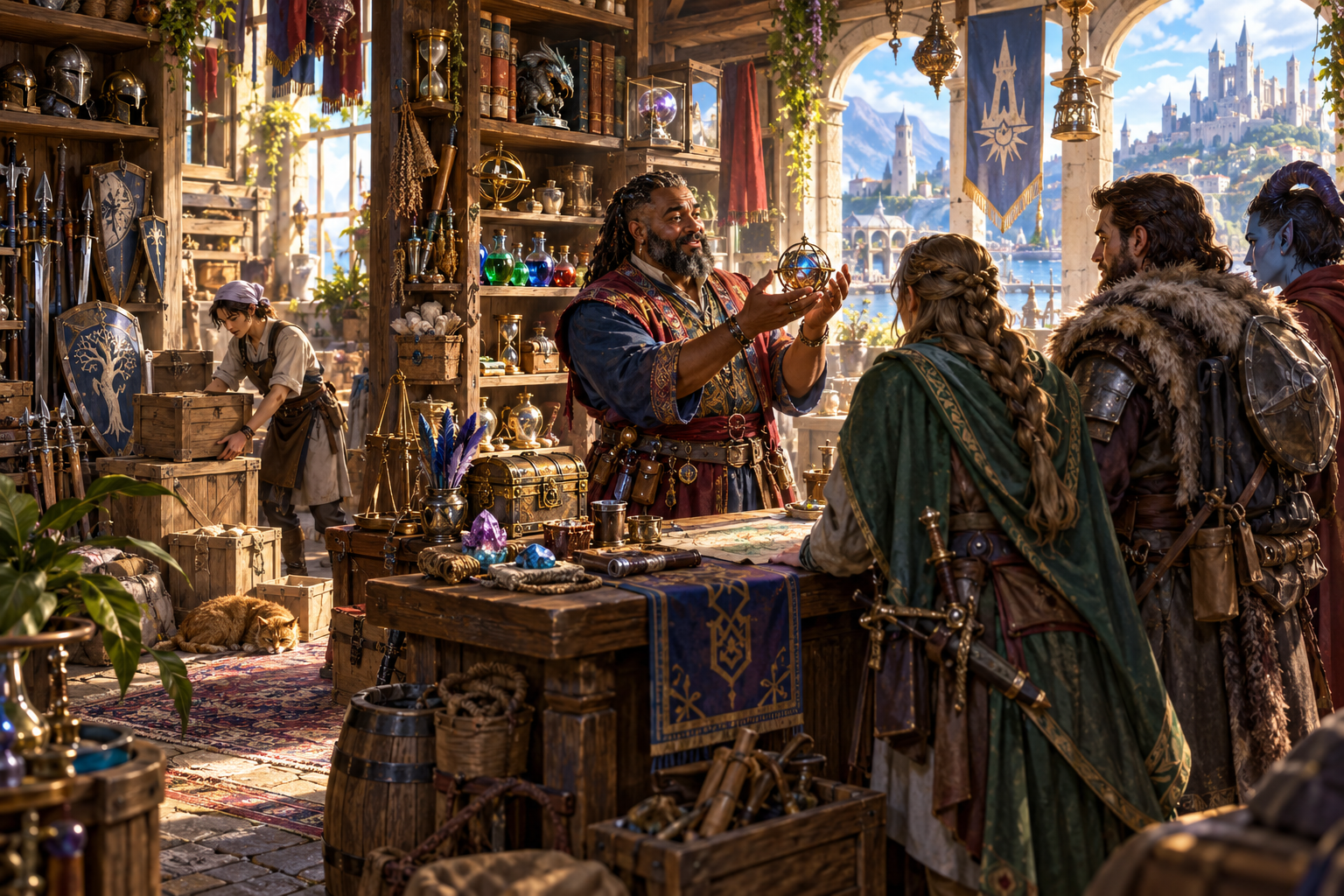 Illustration of a merchant demonstrating an instrument while an assistant handles supply crates in a stocked shop