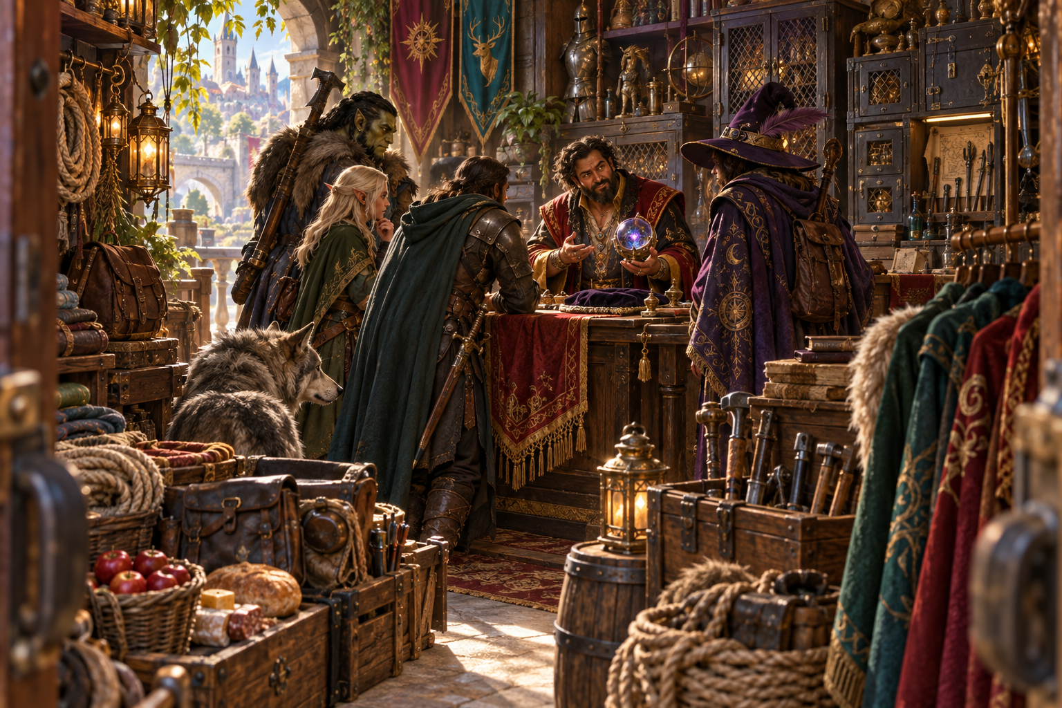 Illustration of a merchant showing a purple orb to adventurers in a stocked fantasy shop