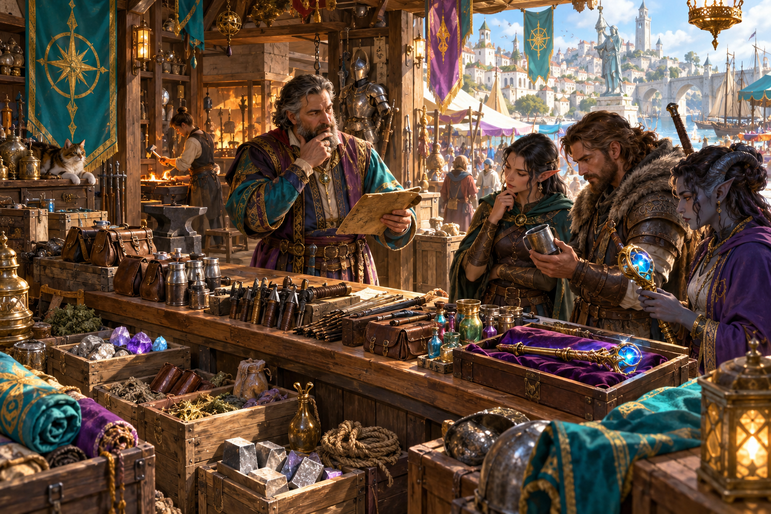 Illustration of a merchant reviewing parchment with adventurers examining goods and a craftsperson at a forge